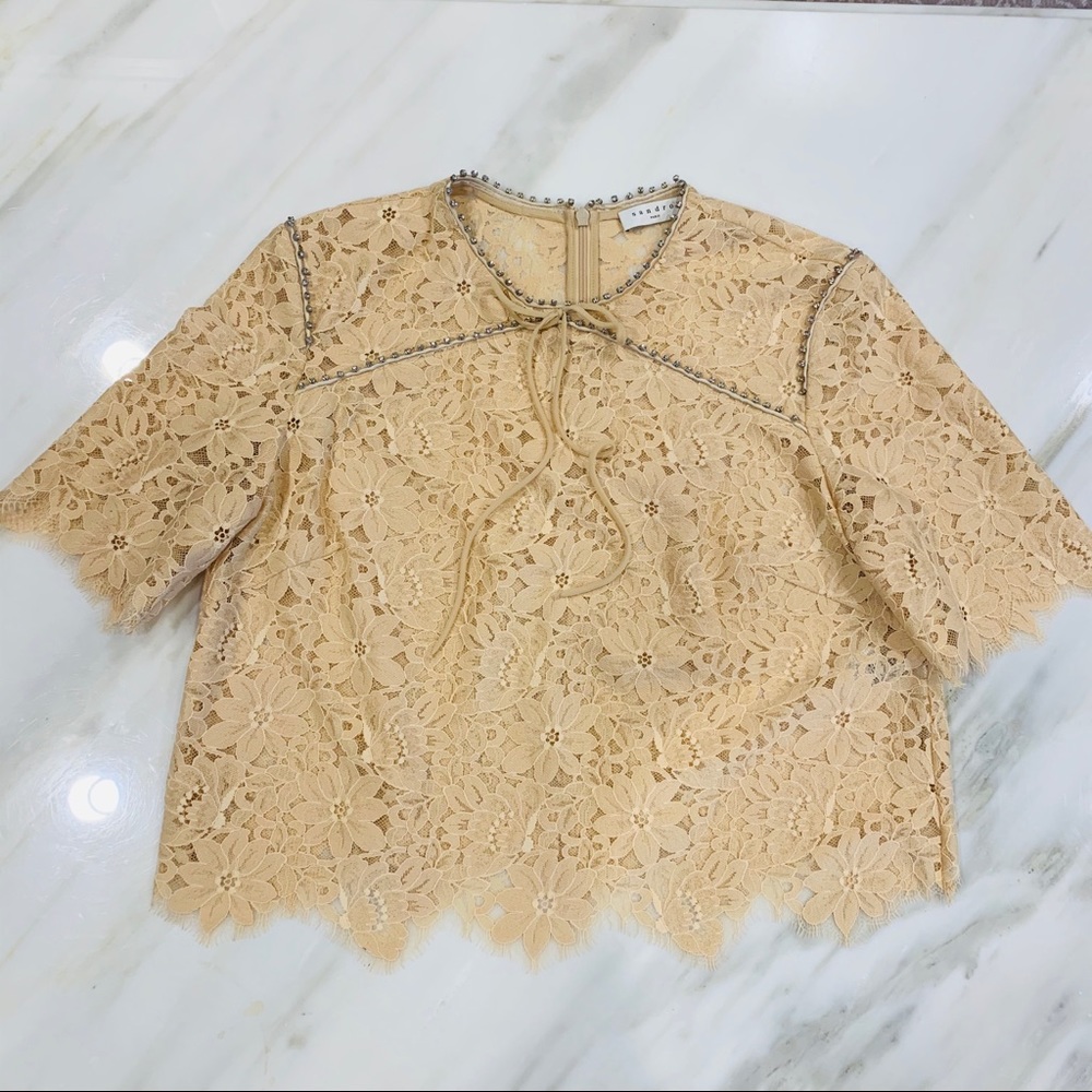 Sandro Mod Cropped Lace & Crystal Top